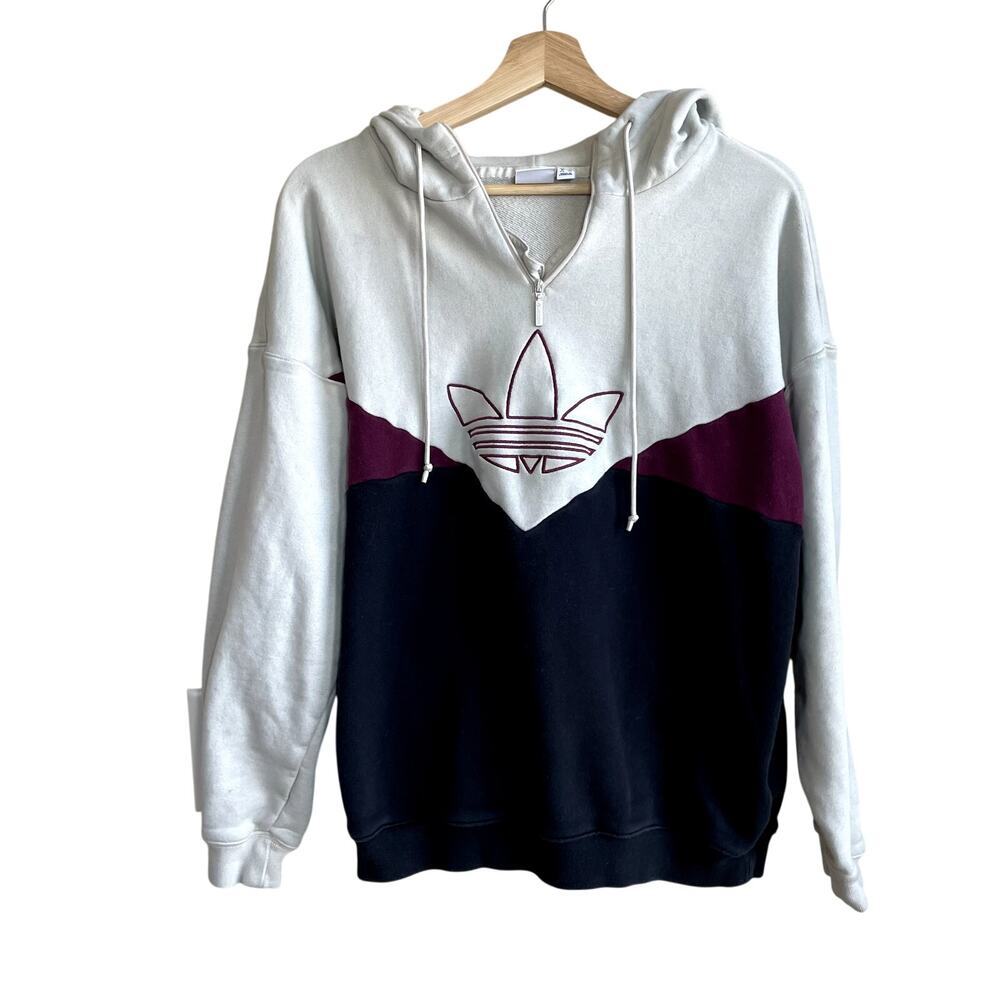 Adidas vintage retro colorblock beige navy burgundy pullover hoodie women's M